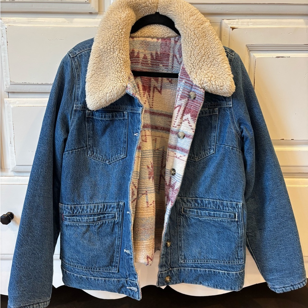 Denim Sherpa-Lined Jacket with Aztec Interior